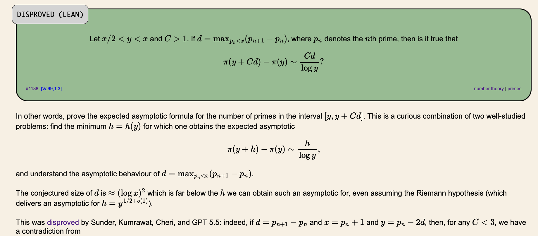 Screenshot of a uniform prime-gap problem marked DISPROVED (LEAN).